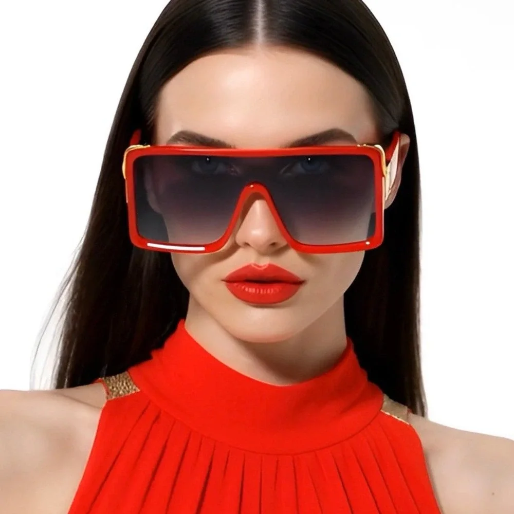 Oversized Square Sunglasses Red Frame Gold‎ Black Lens Stret Beach Wear Women